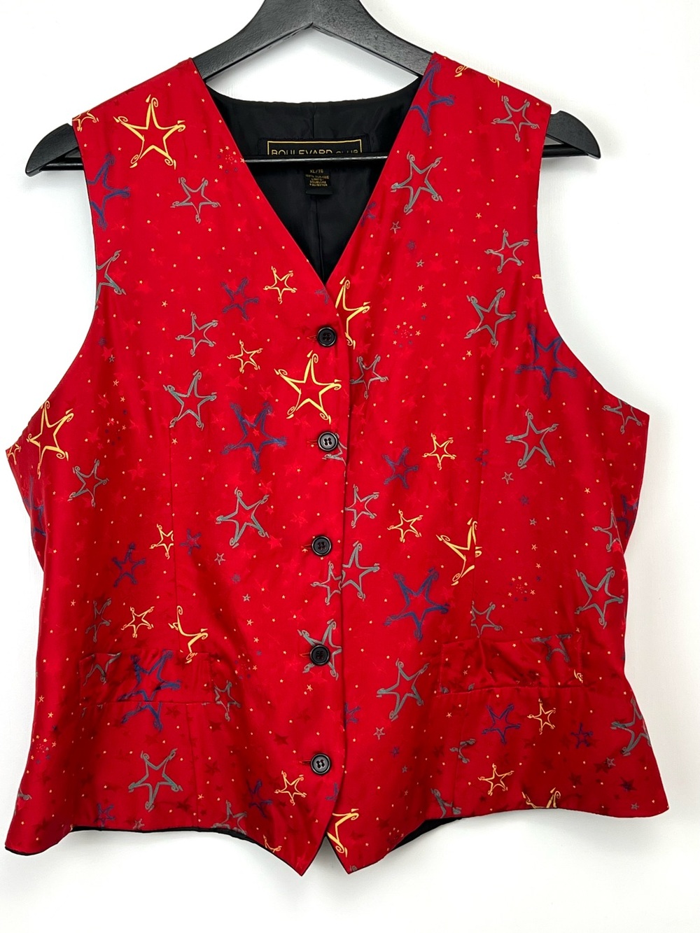 Boulevard Club Vintage Silk Suit Vest Sz M/L Red Multi Star Pattern Statement
